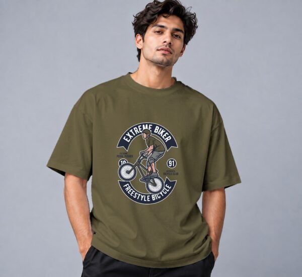 Extreme Biker Freestyle 240 GSM Oversized Tee in olive green, front view – Kool Kameez