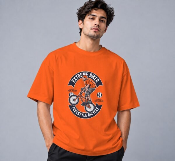 Extreme Biker Freestyle Retro Round Neck T-Shirt in orange, front view – Kool Kameez