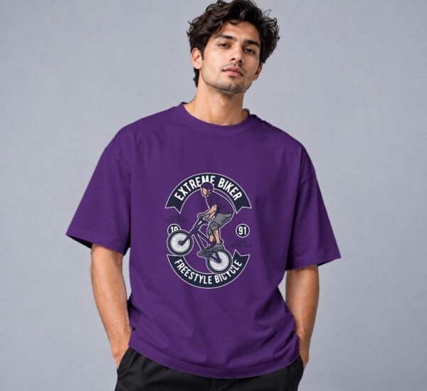 Extreme Biker Freestyle 240 GSM Oversized Tee in purple, front view – Kool Kameez