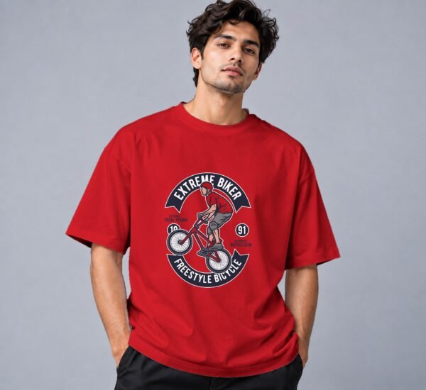 Extreme Biker Freestyle 240 GSM Oversized Tee in red, front view – Kool Kameez