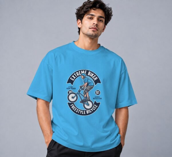 Extreme Biker Freestyle Retro Round Neck T-Shirt in skyblue, front view – Kool Kameez