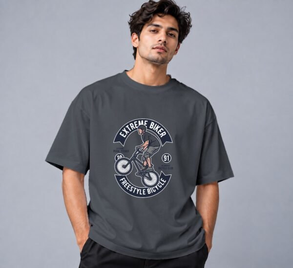 Extreme Biker Freestyle Retro Round Neck T-Shirt in steel grey, front view – Kool Kameez