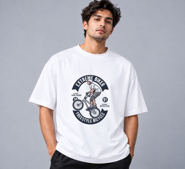 Extreme Biker Freestyle 240 GSM Oversized Tee in white, front view – Kool Kameez