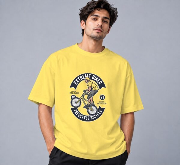 Extreme Biker Freestyle Retro Round Neck T-Shirt in yellow, front view – Kool Kameez