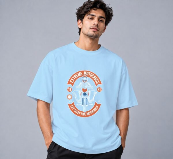 Eat Sleep Ride Motocross 240 GSM Oversized Tee in baby blue, front view – Kool Kameez