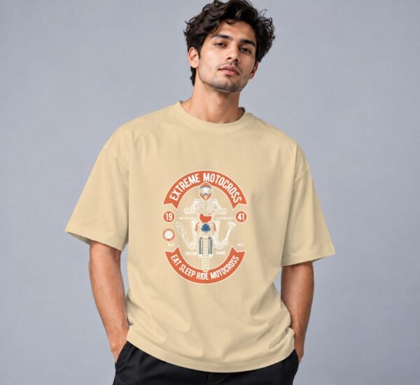 Eat Sleep Ride Motocross Retro Round Neck T-Shirt in beige, front view – Kool Kameez