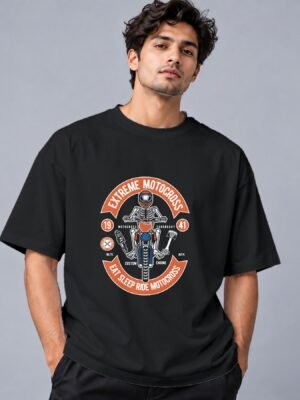 extreme-motocross-tshirt-black-front Eat Sleep Ride Motocross 240 GSM Oversized Tee in black, front view – Kool Kameez