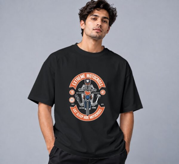 Eat Sleep Ride Motocross 240 GSM Oversized Tee in black, front view – Kool Kameez