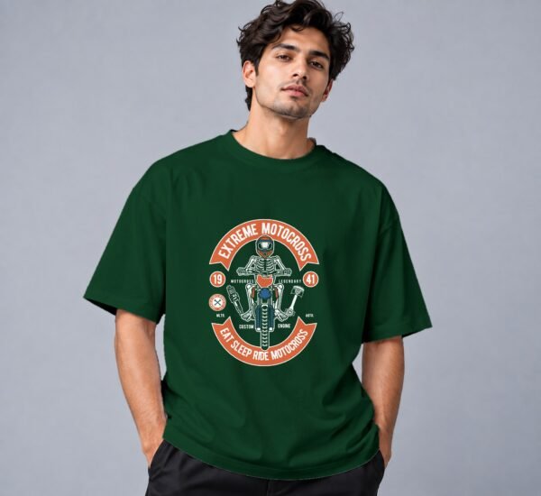 Eat Sleep Ride Motocross 240 GSM Oversized Tee in bottle green, front view – Kool Kameez