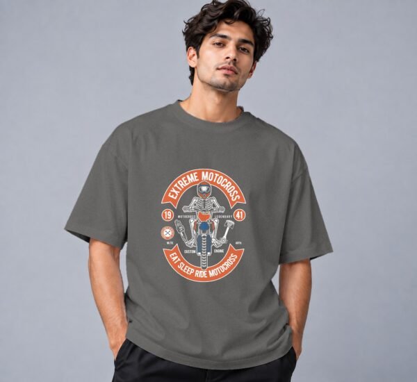 Eat Sleep Ride Motocross Retro Round Neck T-Shirt in charcoal melange, front view – Kool Kameez