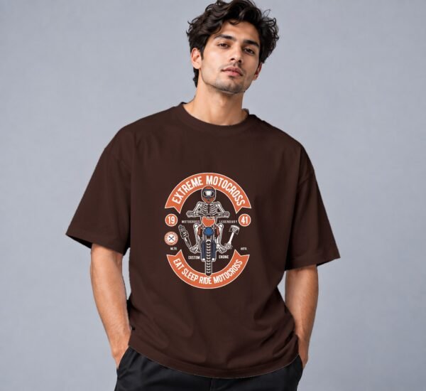 Eat Sleep Ride Motocross Retro Round Neck T-Shirt in coffee brown, front view – Kool Kameez