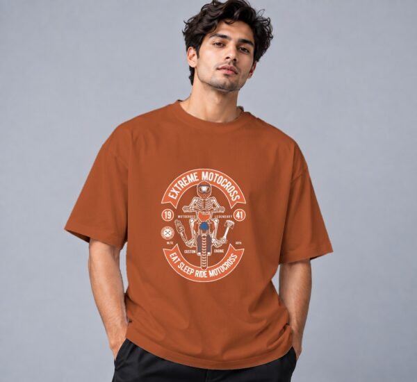 Eat Sleep Ride Motocross Retro Round Neck T-Shirt in copper, front view – Kool Kameez