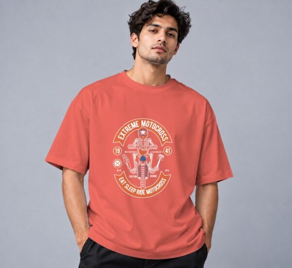 Eat Sleep Ride Motocross 240 GSM Oversized Tee in coral, front view – Kool Kameez