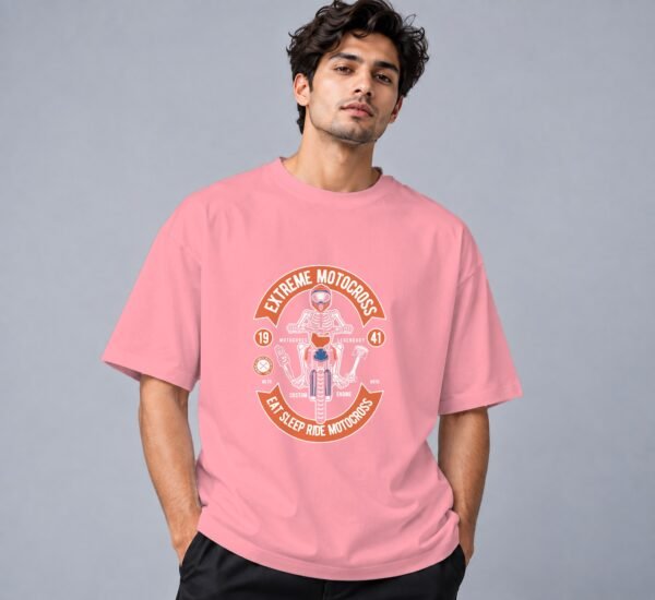 Eat Sleep Ride Motocross Retro Round Neck T-Shirt in flamingo, front view – Kool Kameez