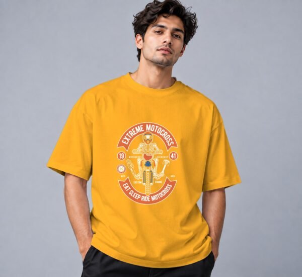 Eat Sleep Ride Motocross 240 GSM Oversized Tee in golden yellow, front view – Kool Kameez