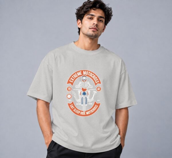Eat Sleep Ride Motocross 240 GSM Oversized Tee in grey melange, front view – Kool Kameez