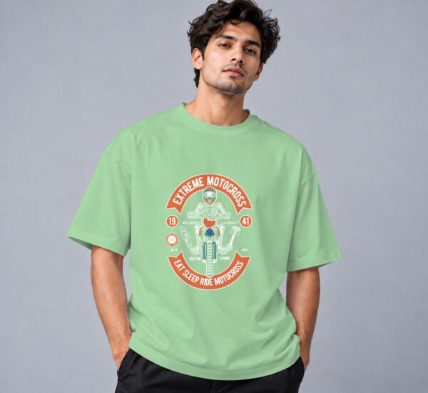 Eat Sleep Ride Motocross Retro Round Neck T-Shirt in jade, front view – Kool Kameez