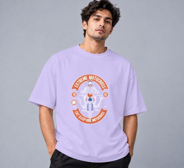 Eat Sleep Ride Motocross 240 GSM Oversized Tee in lavender, front view – Kool Kameez