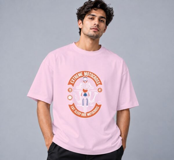 Eat Sleep Ride Motocross 240 GSM Oversized Tee in light baby pink, front view – Kool Kameez