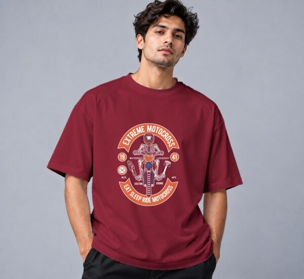 Eat Sleep Ride Motocross 240 GSM Oversized Tee in maroon, front view – Kool Kameez