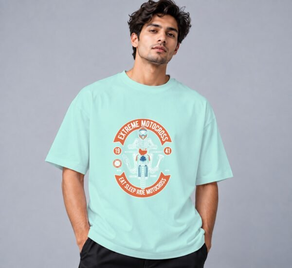 Eat Sleep Ride Motocross 240 GSM Oversized Tee in mint, front view – Kool Kameez