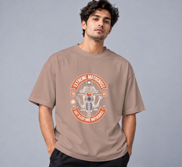 Eat Sleep Ride Motocross Retro Round Neck T-Shirt in mushroom, front view – Kool Kameez