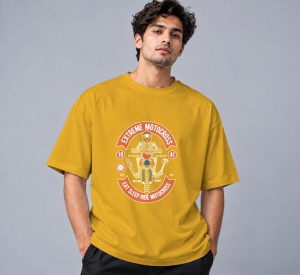 Eat Sleep Ride Motocross 240 GSM Oversized Tee in mustard yellow, front view – Kool Kameez