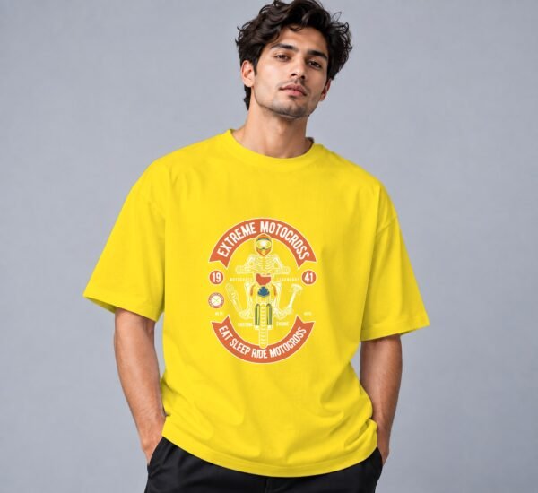 Eat Sleep Ride Motocross Retro Round Neck T-Shirt in new yellow, front view – Kool Kameez
