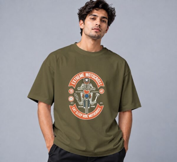 Eat Sleep Ride Motocross 240 GSM Oversized Tee in olive green, front view – Kool Kameez