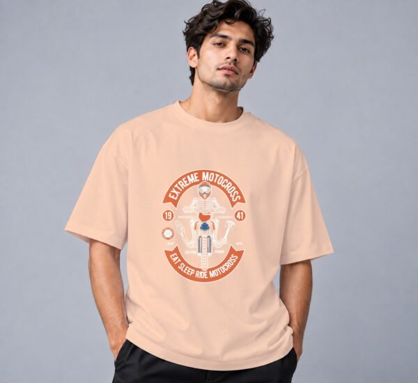 Eat Sleep Ride Motocross Retro Round Neck T-Shirt in peach, front view – Kool Kameez