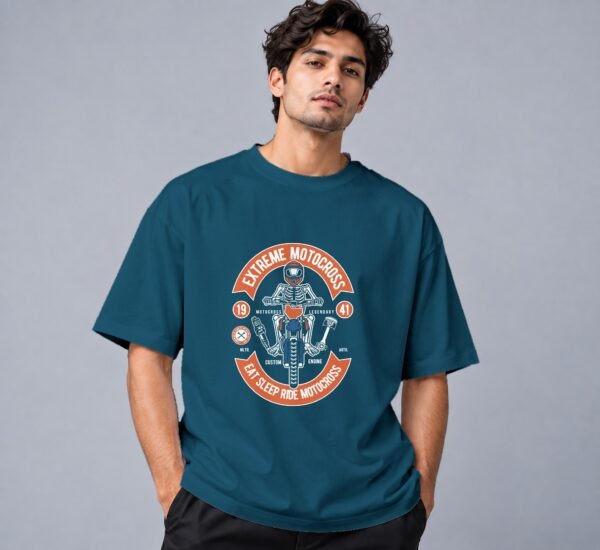 Eat Sleep Ride Motocross 240 GSM Oversized Tee in petrol blue, front view – Kool Kameez