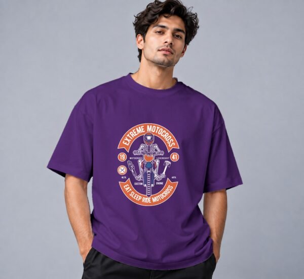Eat Sleep Ride Motocross 240 GSM Oversized Tee in purple, front view – Kool Kameez