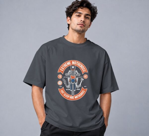 Eat Sleep Ride Motocross Retro Round Neck T-Shirt in steel grey, front view – Kool Kameez