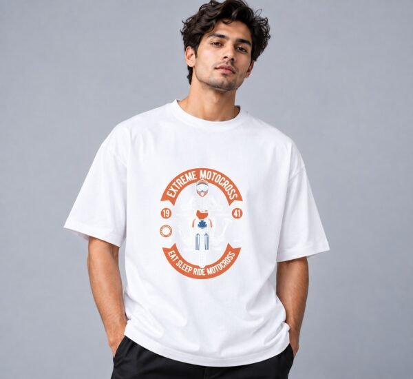 Eat Sleep Ride Motocross 240 GSM Oversized Tee in white, front view – Kool Kameez