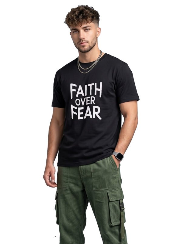 Faith Over Fear Statement Round Neck T-Shirt in Black, front view