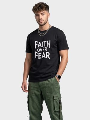Faith Over Fear Statement Round Neck T-Shirt in Black, front view