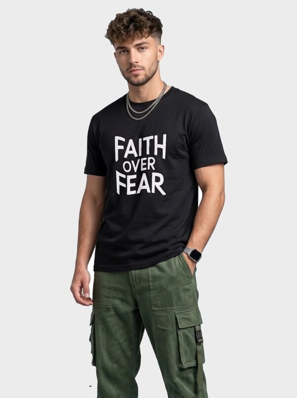 Faith Over Fear Statement Round Neck T-Shirt in Black, front view