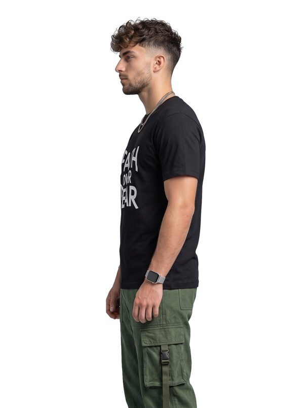 Faith Over Fear Statement Round Neck T-Shirt in Black, side view