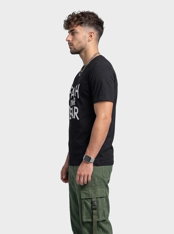Faith Over Fear Statement Round Neck T-Shirt in Black, side view