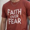 Faith Over Fear Statement Round Neck T-Shirt in Brown, print close-up