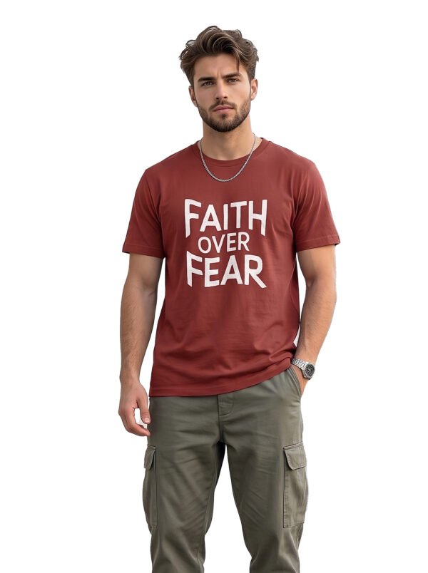 Faith Over Fear Statement Round Neck T-Shirt in Brown, front view