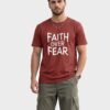 Faith Over Fear Statement Round Neck T-Shirt in Brown, front view