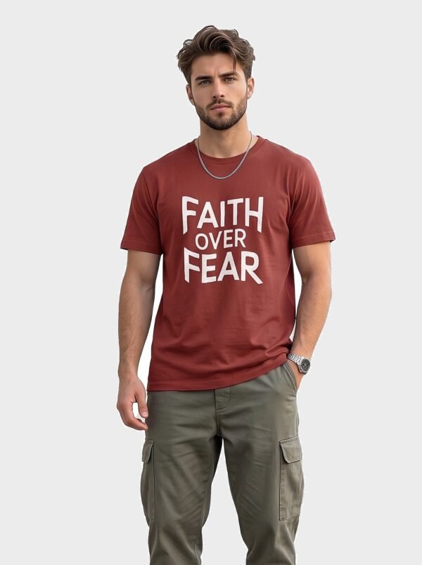 Faith Over Fear Statement Round Neck T-Shirt in Brown, front view
