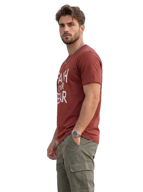 Faith Over Fear Statement Round Neck T-Shirt in Brown, side view