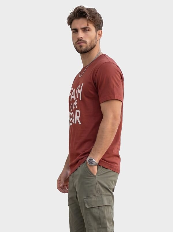 Faith Over Fear Statement Round Neck T-Shirt in Brown, side view