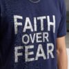 Faith Over Fear Statement Round Neck T-Shirt in Navy Blue, print close-up