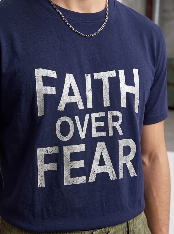 Faith Over Fear Statement Round Neck T-Shirt in Navy Blue, print close-up