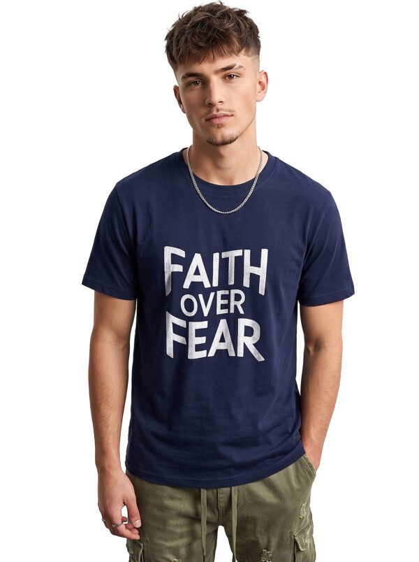 Faith Over Fear Statement Round Neck T-Shirt in Navy Blue, front view