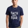 Faith Over Fear Statement Round Neck T-Shirt in Navy Blue, front view