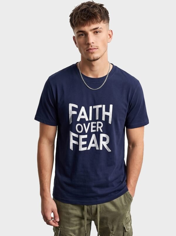 Faith Over Fear Statement Round Neck T-Shirt in Navy Blue, front view